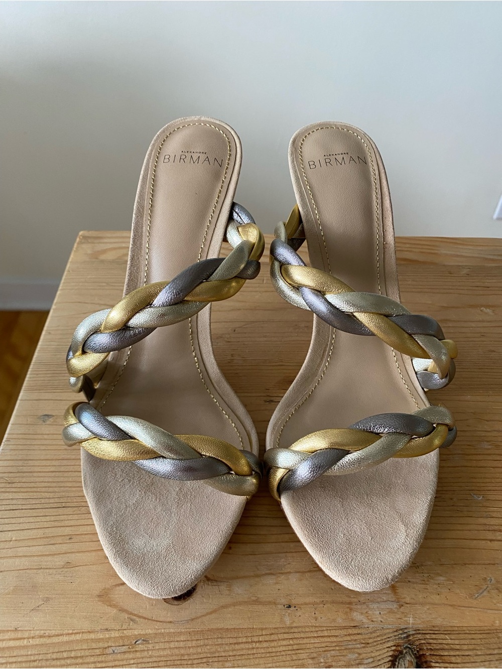 Alexandre Birman Selena 85 Braided Metallic-Strap Heels in Gold & Silver